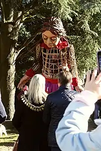 The Mayor of Barnsley greeting Little Amal, in Barnsley