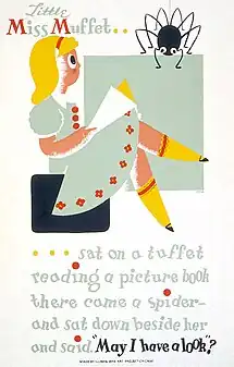 1940 WPA poster using Little Miss Muffet to promote reading among children.