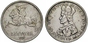 Coin of 5 Lithuanian litas with a portrait of Vytautas the Great and Vytis