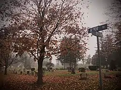 Liverpool cemetery with snow falling and orange leaves at the corner of Alder and 5th