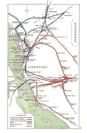Junction Diagram showing railways around Liverpool. The North Mersey branch is shown in blue, running roughly east–west near the top.