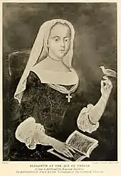 Elisabeth of Bohemia-Palatinate at age 12 from "A Sister of Prince Rupert" by E. Godfrey. According from the text the original painting this photo is based on was painted by Kaspar Barlens and is located in the Herford Museum.