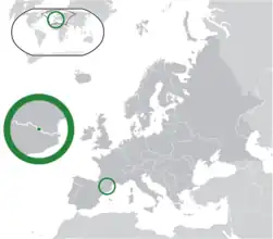 Location of Andorra (centre of green circle)in Europe (dark grey)