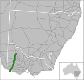 Road map showing a north-south road in Victoria's west covering most of the length of the state