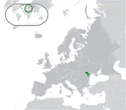 Location of Moldova in Europe (green)and its uncontrolled territory of Transnistria (light green)