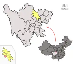 Location of Anzhou District (red) within Mianyang City (yellow) and Sichuan