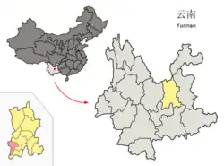 Location of Anning City (pink) in Kunming City (yellow) and Yunnan province