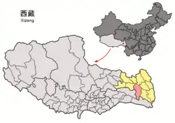 Location of Baxoi County (red) in Chamdo City (yellow) and the Tibet Autonomous Region