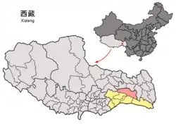 Location of Pome County (red) within Nyingchi City (yellow) and the Tibet Autonomous Region