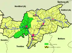Burggrafenamt (highlighted in green) within South Tyrol