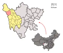 Location of Dêgê County (red) within Garzê Prefecture (yellow) and Sichuan province