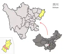 Location of Dachuan District (red) in Dazhou (yellow) and Sichuan