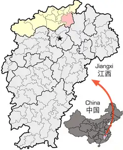 Location of Duchang County (red) within Jiujiang City (yellow) and Jiangxi