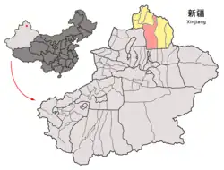 Location of Fuhai County (red) within Altay Prefecture (yellow) and Xinjiang