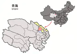 Gangca County (light red) within Haibei Prefecture (yellow) and Qinghai