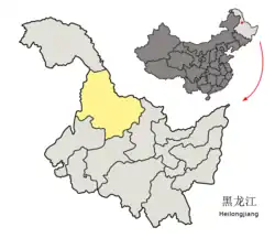 Location of Heihe City (yellow) in Heilongjiang (light grey)
