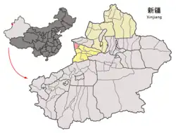 Location of Huocheng County (pink) in Ili Kazakh Autonomous Prefecture (yellow) and Xinjiang (light grey)