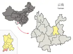 Location of Jinning (pink) and Kunming City (yellow) in Yunnan province
