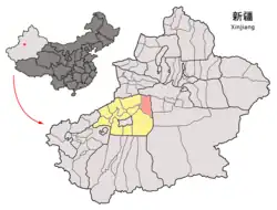 Location of Kuchar County (red) within Aksu Prefecture (yellow) and Xinjiang