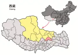 Location of Lhari County (red) within Nagqu City (yellow) and the Tibet Autonomous Region