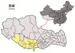 Location of Lhatse County (red) within Xigazê City (yellow) and Tibet