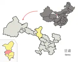 Liangzhou District (red) in Wuwei City (yellow) and Gansu