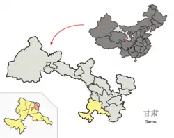 Lintan (pink) within Gannan Prefecture (yellow) within Gansu (grey)