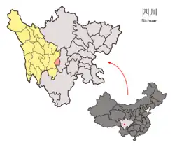 Location of Luding County (red) within Garzê Prefecture (yellow) and Sichuan