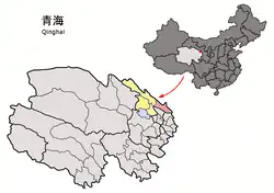 Location of Menyuan County (red) within Haibei Prefecture (yellow) and Qinghai