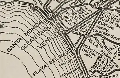 Mesmer station visible on Pacific Electric streetcar map; Del Rey Junction is the old Port Ballona stop