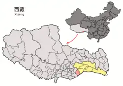 Location of Nang County (red) within Nyingchi City (yellow) and Tibet