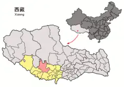 Location of Ngamring County (red) within Xigazê City (yellow) and Tibet