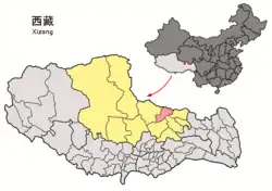 Location of Nyainrong County (red) within Nagqu City (yellow) and the Tibet AR