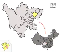 Peng'an County (red) in Nanchong City (yellow) and Sichuan