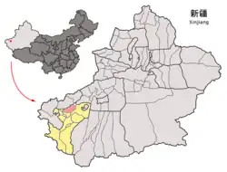 Location of Peyziwat County (red) and Kashgar Prefecture (yellow) within Xinjiang