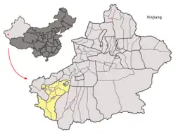 Location of Poskam County (pink) within Kashgar Prefecture (yellow) and Xinjiang