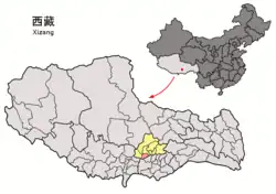 Location of Qüxü County (red) within Lhasa City (yellow) and the Tibet Autonomous Region