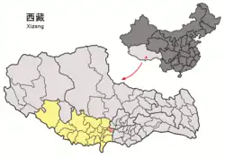 Location of Rinbung County (red) within Shigatse City (yellow) and the Tibet AR