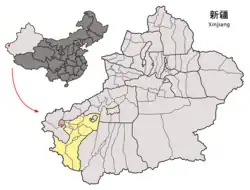 Location of Shufu County (red) within Kashgar Prefecture (yellow) and Xinjiang