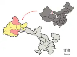 Subei County (red) within Jiuquan City (yellow) and Gansu