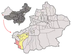 Taxkorgan County (red) in Kashgar Prefecture (yellow) and Xinjiang