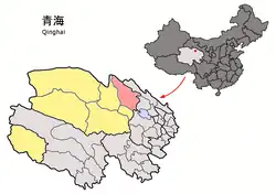 Location of Tianjun County (red) within Haixi Prefecture (yellow) and Qinghai