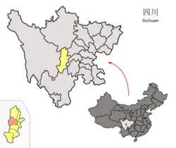 Location of Tianquan County (red) within Ya'an City (yellow) and Sichuan