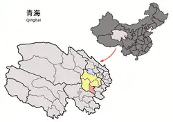 Tongde County (light red) within Hainan Prefecture (yellow) and Qinghai
