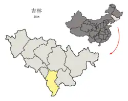 Location of Tonghua City (yellow) in Jilin (light grey) and China