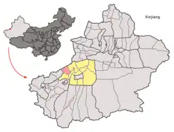 Location of Uqturpan County (red) within Aksu Prefecture (yellow) and Xinjiang