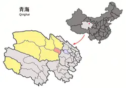 Location of Ulan County (red) within Haixi Prefecture (yellow) and Sichuan