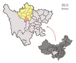 Location of Xiaojin County (light red) in Ngawa Prefecture (yellow) and Sichuan