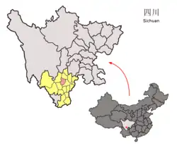 Location of Xide County (red) within Liangshan Prefecture (yellow) and Sichuan