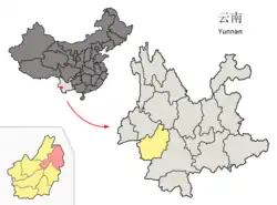Location of Yun County (pink) and Lincang City (yellow) within Yunnan
